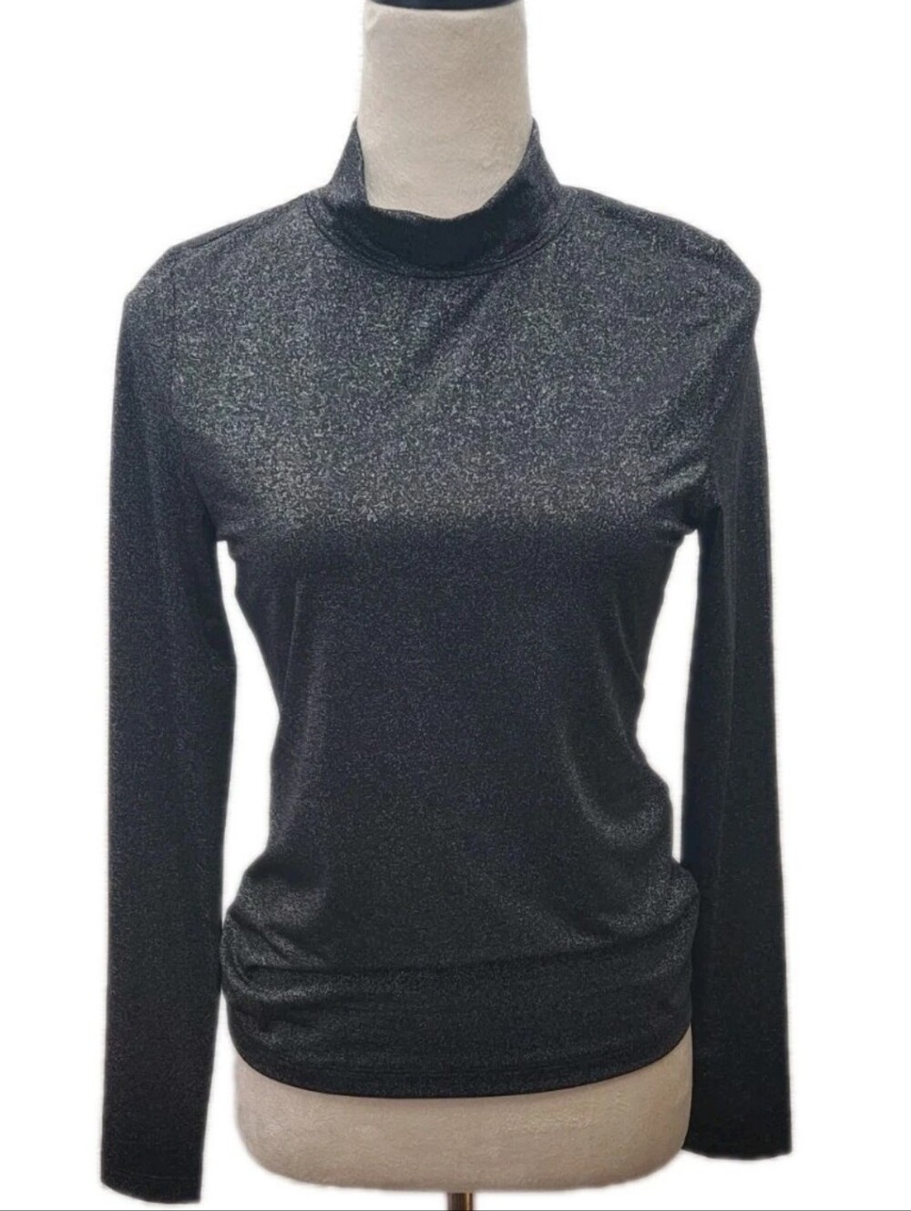 Evereve Metallic Shimmer Mock Neck Top Women's Small Black Long Sleeve Stretch